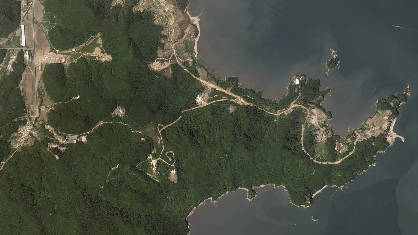 This satellite picture by Planet Labs PBC shows activity at a launch pad at the Sohae Satellite Launching Station near Tongchang-ri, North Korea, Tuesday, May 30, 2023.