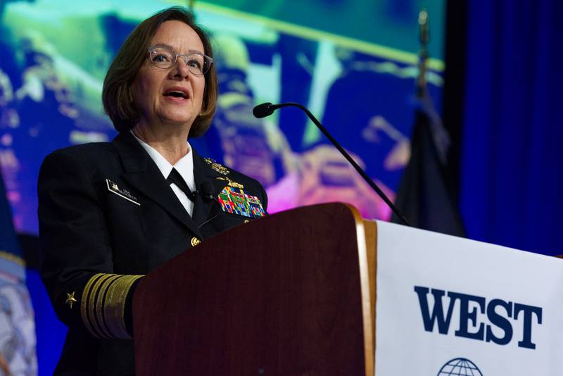 U.S. Chief of Naval Operations Adm. Lisa Franchetti speaks Feb. 13, 2024, at the West conference in San Diego.