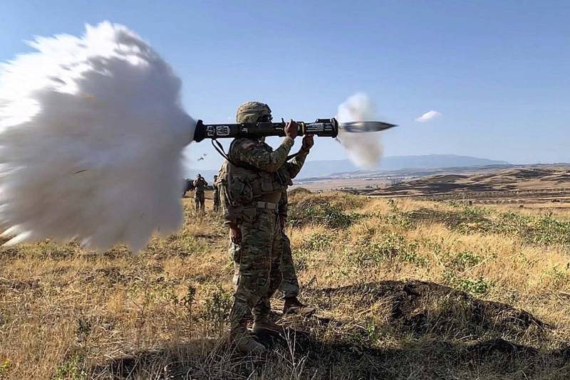 Sgt. Brendan Seiber fires an AT4  anti-tank weapon at a range located in the Vaziani Training Area near Tbilisi, Georgia, during Exercise Agile Spirit, July 30, 2019.