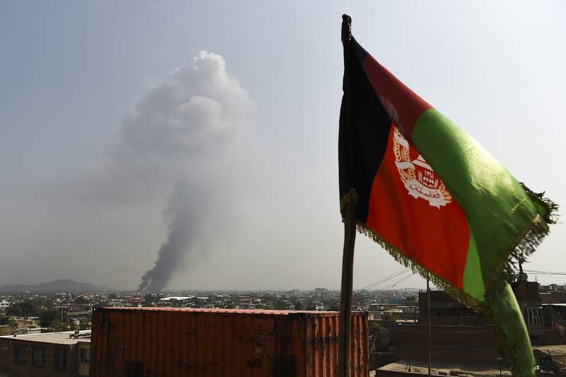 Smoke rises from the site of an attack after a massive explosion the night before near the Green Village in Kabul, Afghanistan, on Sept. 3, 2019.