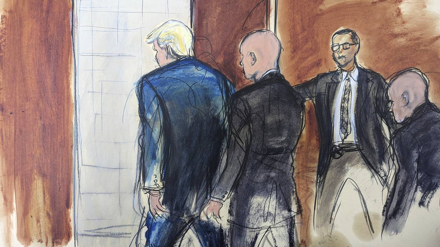 In this courtroom sketch, former President Donald Trump, left, is escorted out of the courtroom by a U.S. Marshal with co-defendant Walt Nauta, right, walking behind him as another U.S, Marshal holds the door follow their proceeding in federal court, Tuesday, June 13, 2023, in Miami.