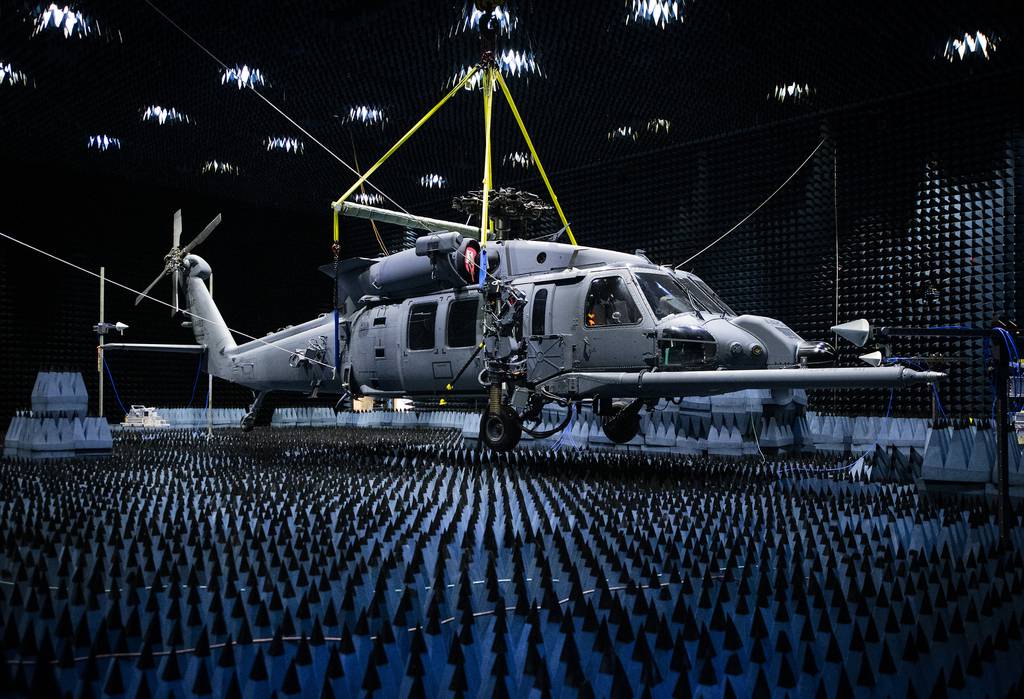 A 413th Flight Test Squadron HH-60W hangs in the anechoic chamber at the Joint Preflight Integration of Munitions and Electronic Systems hangar, Jan. 6, 2020, at Eglin Air Force Base, Fla. The J-PRIMES anechoic chamber is a room designed to stop internal reflections of electromagnetic waves, as well as insulate from external sources of electromagnetic noise. (U.S. Air Force photo by Samuel King Jr.)