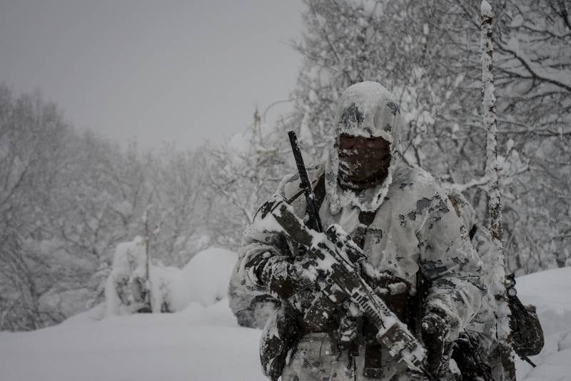U.S. Marines conduct a combat patrol during exercise Forest Light on mainland Japan, Dec. 16, 2020.