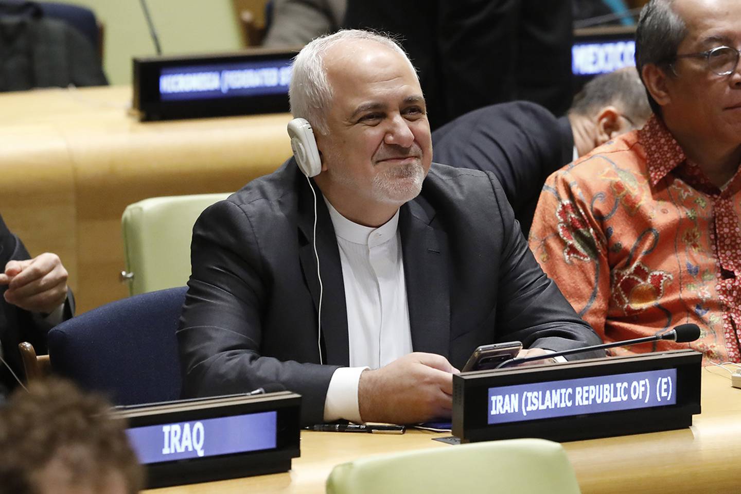 Iran's Foreign Minister Javad Zarif prepares to address the High Level Political Forum on Sustainable Development at United Nations headquarters, Wednesday, July 17, 2019.