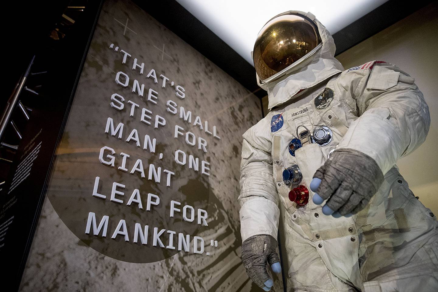 Neil Armstrong's Apollo 11 spacesuit is unveiled at the Smithsonian's National Air and Space Museum on the National Mall in Washington, Tuesday, July 16, 2019.