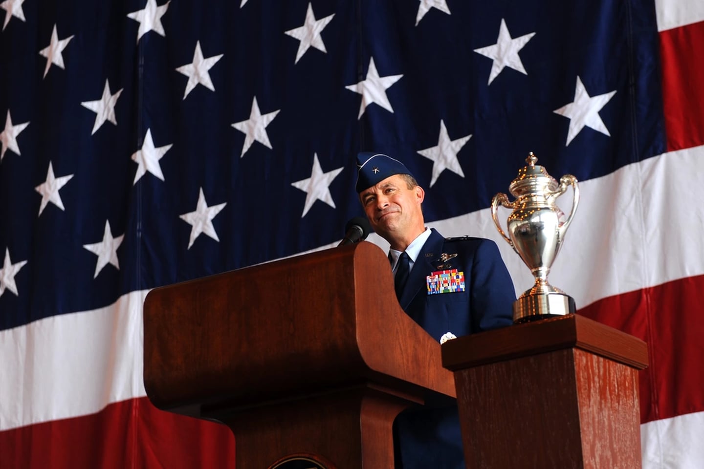 Brig. Gen. Don Bacon, then the outgoing commander of the 55th Wing, gives closing remarks during the change of command ceremony held June 28, 2012, at Offutt Air Force Base, Neb. (Josh Plueger/Air Force)