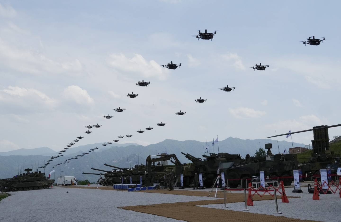 The South Korean army's drones fly during South Korea-U.S. joint military drills at Seungjin Fire Training Field in Pocheon, South Korea, Thursday, May 25, 2023.