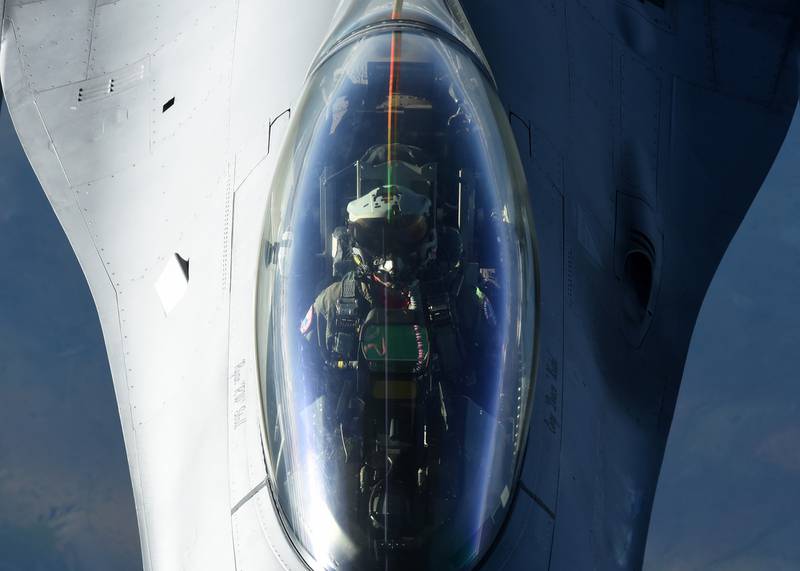 An Air Force F-16 Fighting Falcon receives fuel from a KC-10 Extender on July 3, 2020.
