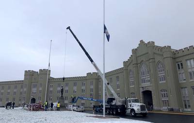 Crews prepare to remove a statue of Confederate Gen. Thomas "Stonewall" Jackson from the campus of the Virginia Military Institute on Monday, Dec. 7, 2020, in Lexington, Va.