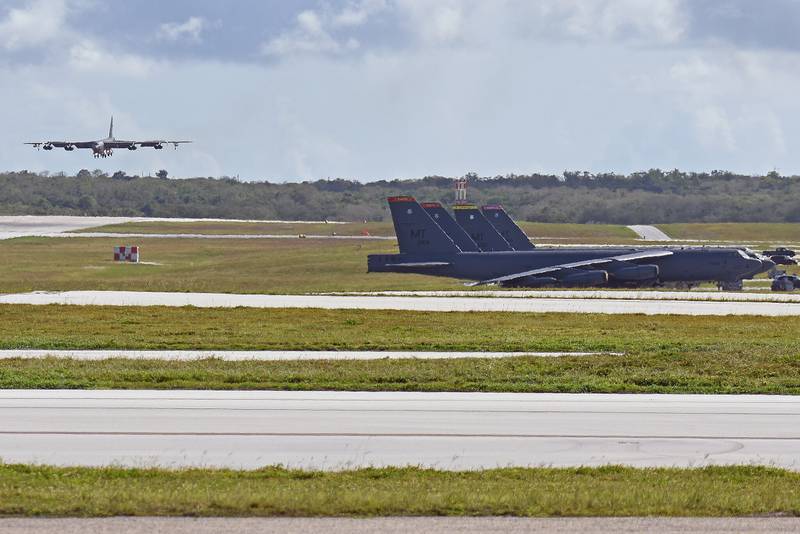 A B-52 Stratofortress deployed from Minot Air Force Base, N.D., lands July 12, 2019, at Andersen Air Force Base, Guam.