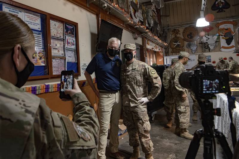 Acting Defense Secretary Christopher C. Miller visits troops on Thanksgiving Day, at Camp Lemonnier, Djibouti, Nov. 26, 2020.