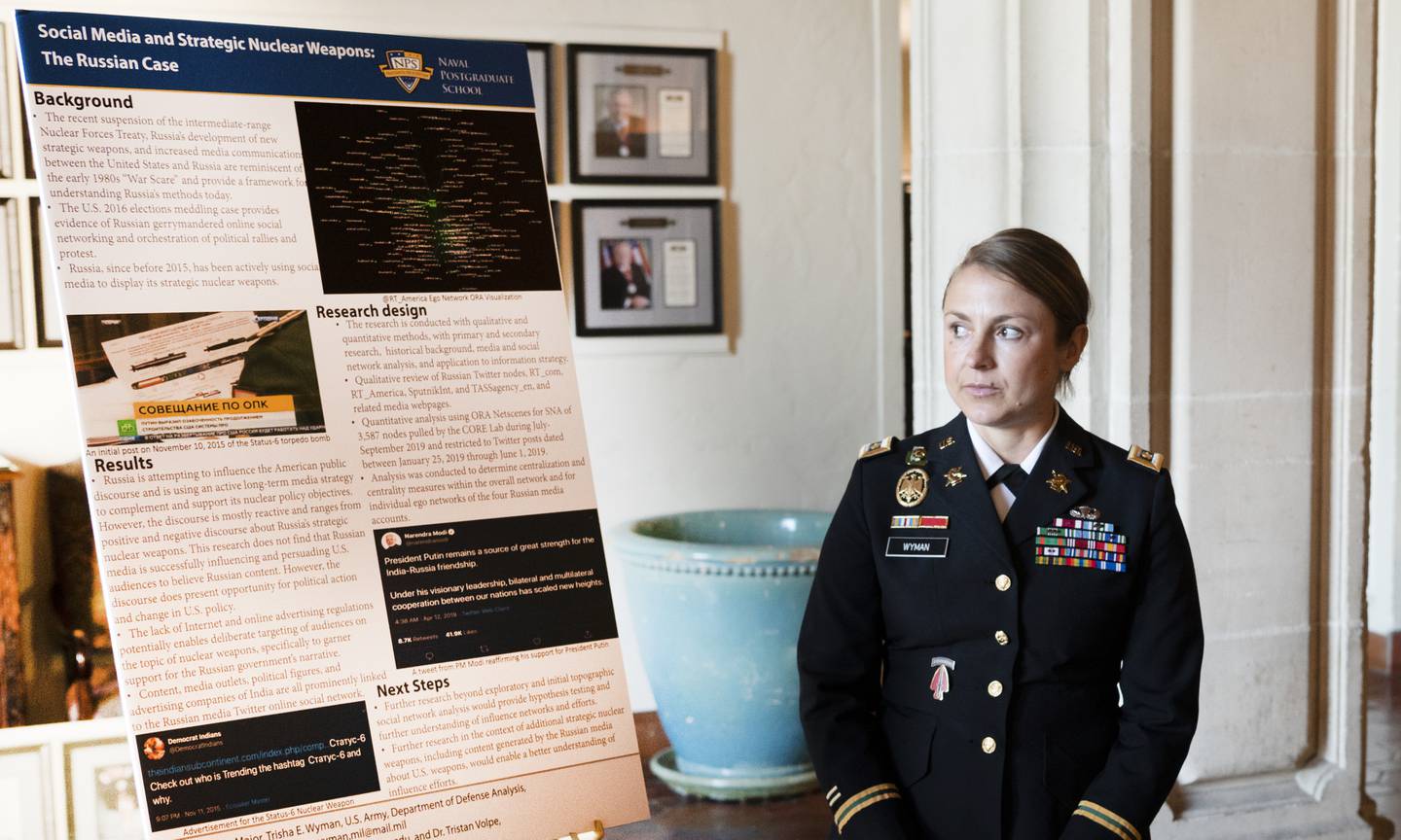 Army Maj. Trisha Wyman prepares to present her master’s thesis research during the annual Defense Analysis Research Week. Wyman, a December 2019 graduate of the university, performed a detailed analysis of a Russian disinformation campaign designed to shape U.S. perceptions of nuclear capabilities.