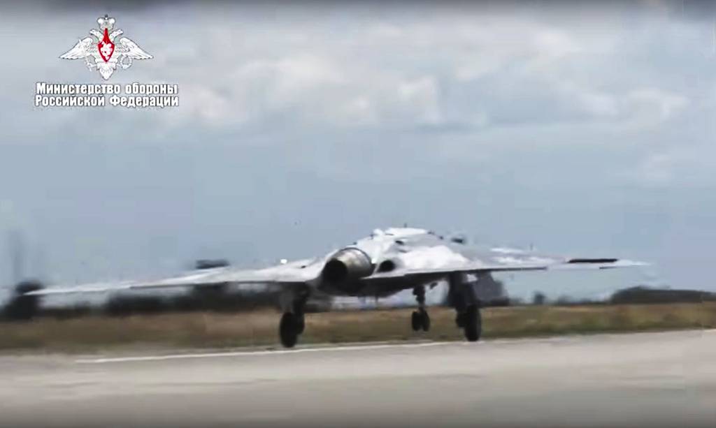 In this video grab made available on Wednesday, Aug. 7, 2019, by Russian Defense Ministry Press Service, Russia's military drone Okhotnik is seen taking off at an unidentified location in Russia.