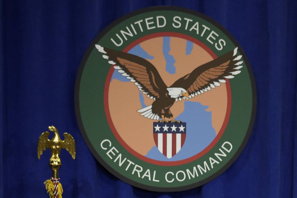 The seal for the U.S. Central Command is displayed on Feb. 6, 2017, at MacDill Air Force Base, Fla.