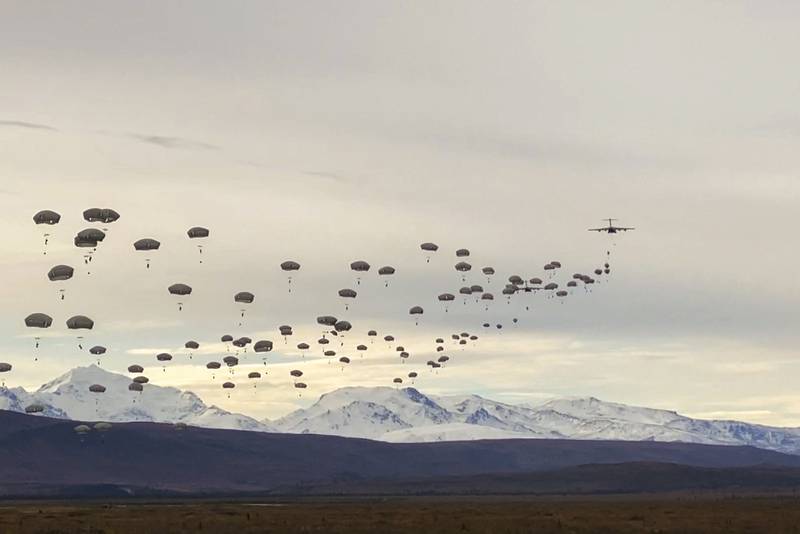 Paratroopers execute a joint forcible entry operation into Donnelly Training Area, Alaska, Sept. 14, 2020.
