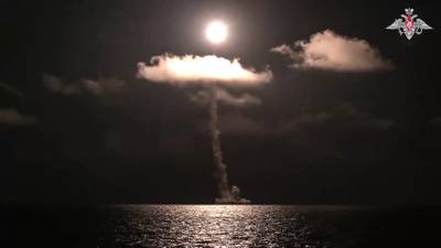 In this photo released by Russian Defense Ministry Press Service on Sunday, Nov. 5, 2023, The Emperor Alexander III nuclear submarine of the Russia navy test-fires a Bulava intercontinental ballistic missile from the White Sea.
