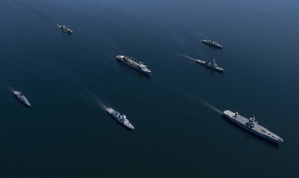 Ships from nations participating in exercise Baltic Operations (BALTOPS) 2020 sail in formation while in the Baltic Sea, June 8, 2020.
