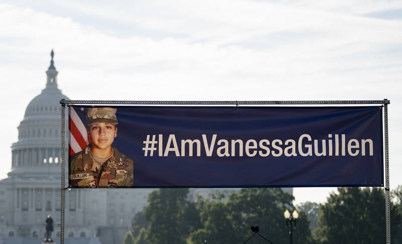 An image of slain Army Spc. Vanessa Guillen and #IAmVanessaGuillen is seen before the start of a news conference on the National Mall in front of Capitol Hill, Thursday, July 30, 2020, in Washington.