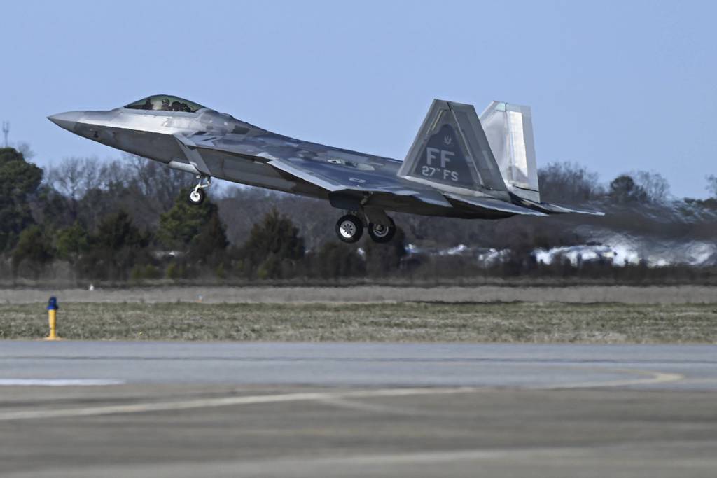 This photo provided by the Air Force shows an Air Force pilot taking off in an F-22 Raptor at Joint Base Langley-Eustis, Va., Saturday, Feb. 4, 2023.