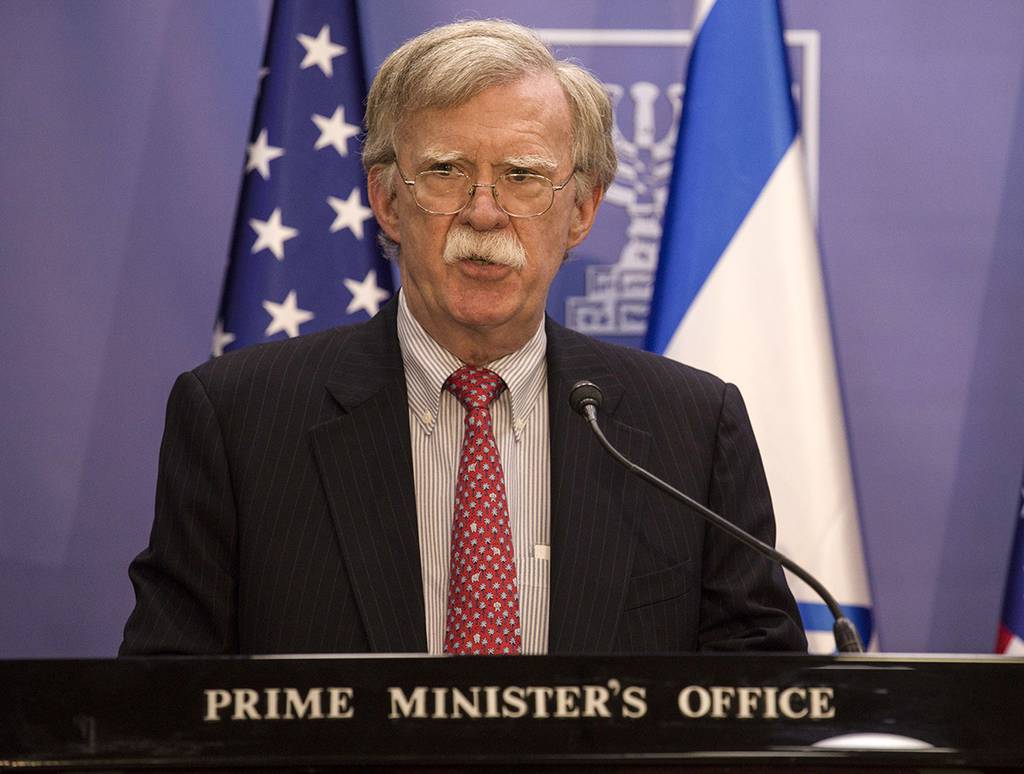 U.S. National Security Adviser John Bolton gives statements to media in Jerusalem