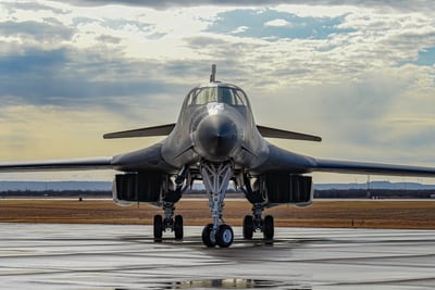 A B-1B Lancer taxis on the flightline after training alongside the Japanese Air Self-Defense Force at Dyess Air Force Base, Texas, Jan. 11, 2022. (Airman 1st Class Ryan Hayman/Air Force)