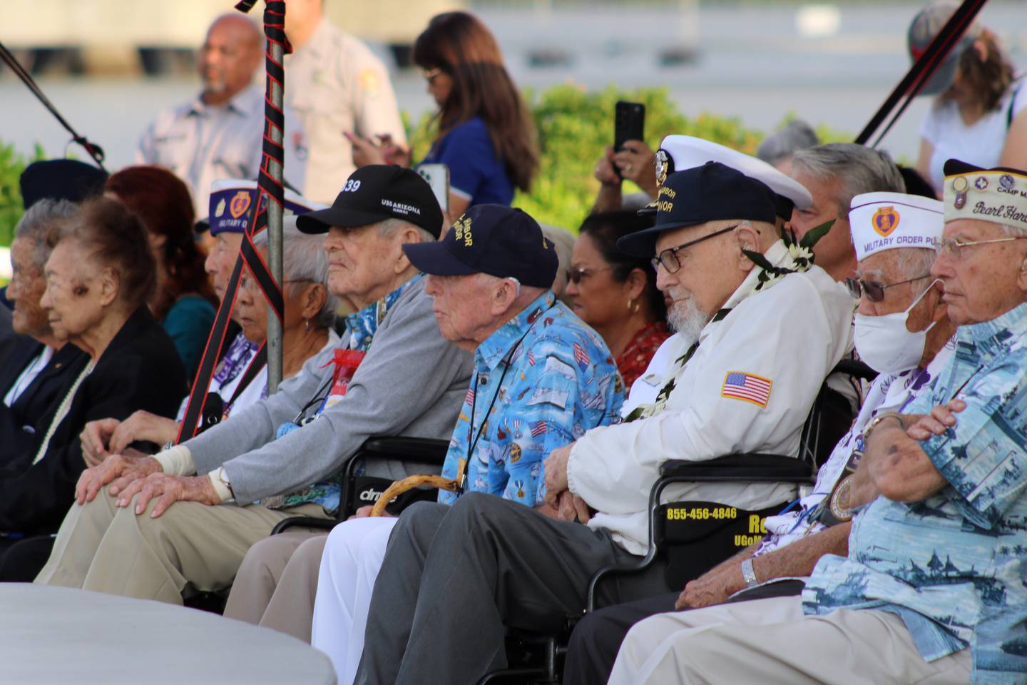 Pearl Harbor survivors and other military veterans observe a ceremony on Wednesday, Dec. 7, 2022, in Pearl Harbor, Hawaii in remembrance of those killed in the 1941 attack.
