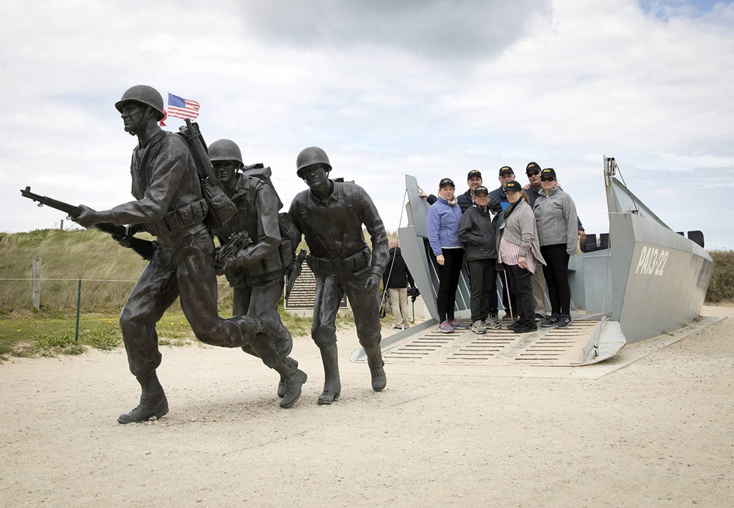 a statue of WWII U.S. soldiers on Utah Beach in Sainte-Marie-du-Mont, Normandy, France.