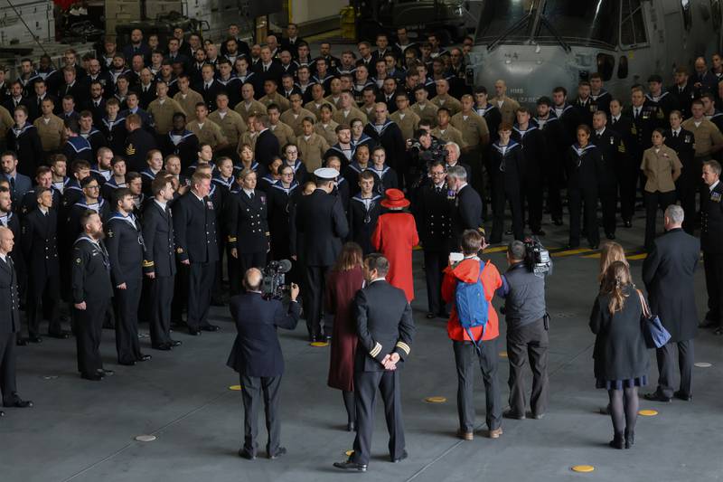 Britain's Queen Elizabeth visited the Royal Navy aircraft carrier HMS Queen Elizabeth in Portsmouth May 22, 2021, just hours before the United Kingdom (UK) Carrier Strike Group 21 sailed for its first operational deployment.