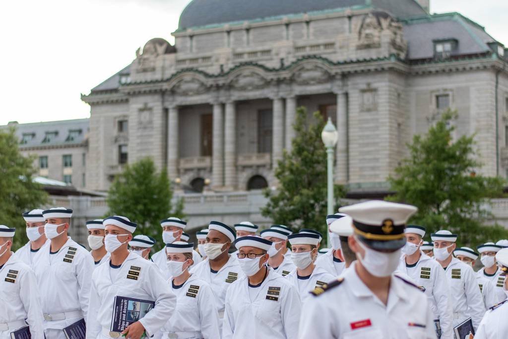 Second set detailers take over the training of Midshipmen 4th Class, or plebes, on Aug. 1, 20202, at the United States Naval Academy, marking the halfway point of Plebe Summer, a demanding indoctrination period intended to transition the candidates from civilian to military life.