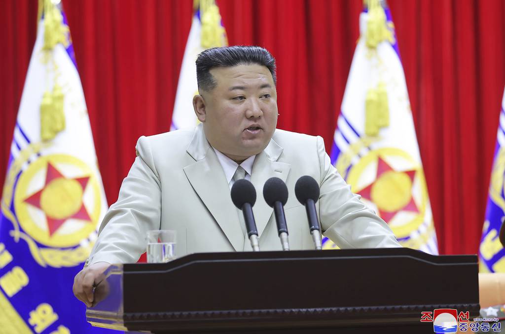 This photo provided on Tuesday, Aug. 29, 2023, by the North Korean government, North Korean leader Kim Jong Un speaks during his visit to the navy headquarter in North Korea, on Aug. 27, 2023.