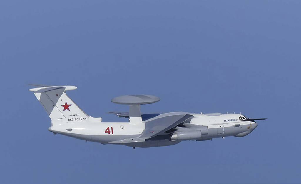 This image released by Joint Staff, Ministry of Defense, shows Russian A-50 airborne early warning and control aircraft flying near a Korean-controlled island