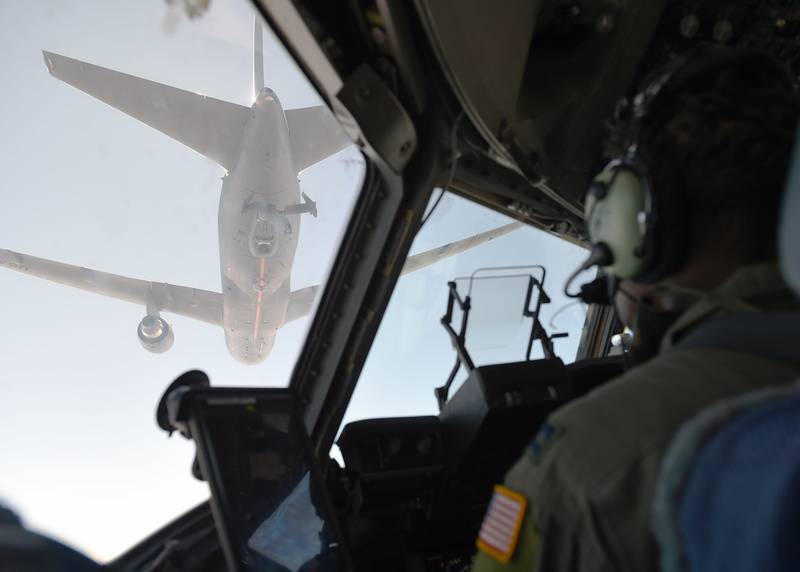 Capt. Edmond Duvall, 7th Airlift Squadron pilot, prepares to aerial refuel a C-17 Globemaster III from a KC-46 Pegasus from Fairchild Air Force Base, Wash., over Washington state, Aug. 5, 2020.