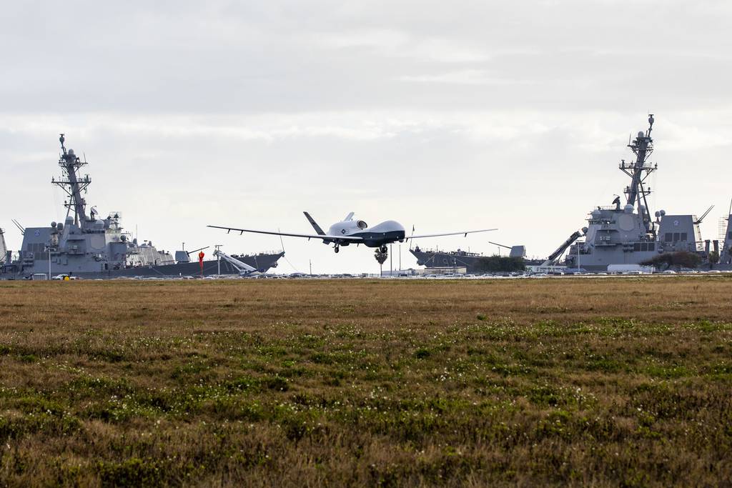 An MQ-4C Triton Unmanned Aircraft System, assigned to Unmanned Patrol Squadron 19, lands at Naval Station Mayport, Florida, in December 2021.