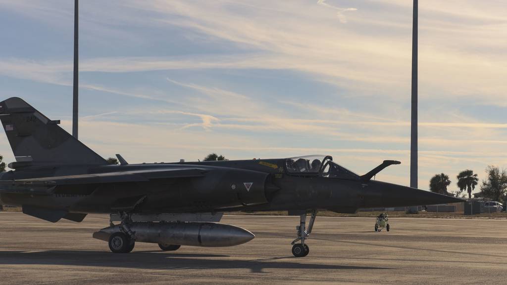 A Mirage F1 with the Airborne Tactical Advantage Company sits on the flight line at Tyndall Air Force Base, Fla., Dec. 14, 2020. (Staff Sgt. Magen Reeves/Air Force)