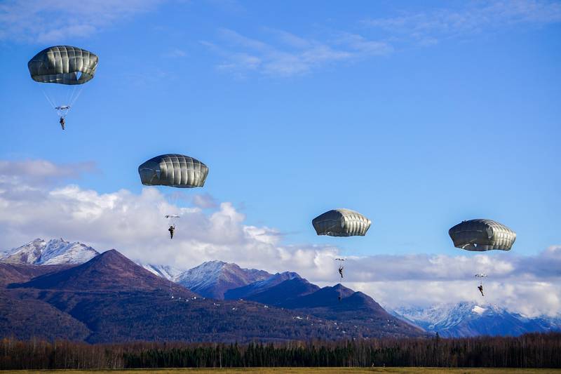 Paratroopers from the 4th Brigade Combat Team (Airborne), 25th Infantry Division, “Spartan Brigade,” executed airborne operations from C-17 aircraft into the Malemute Drop Zone at Joint Base Elmendorf-Richardson, Alaska, Oct. 13, 2020.
