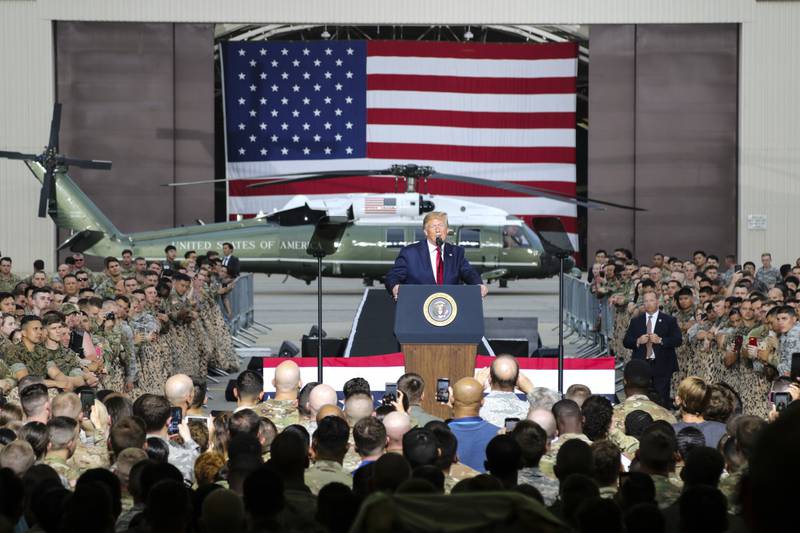 President Donald Trump speaks to service members during a June 30, 2019, visit to Osan Air Base, South Korea.