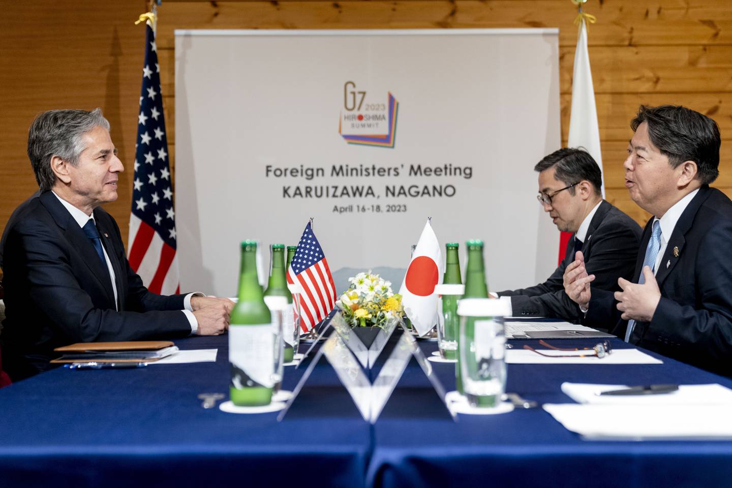U.S. Secretary of State Antony Blinken, left, and Japan's Foreign Minister Yoshimasa Hayashi meet during a G7 Foreign Ministers' Meeting at The Prince Karuizawa hotel in Karuizawa, Japan, Monday, April 17, 2023.