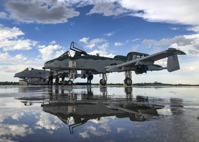 A-10 Thunderbolt IIs, assigned to the A-10 Demonstration Team, sit on the flightline at Cheyenne Air National Guard Base, Wyo., July 20, 2020.