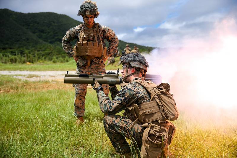 U.S. Marines fire at targets during a high-explosive weapons range on Camp Schwab, Okinawa, Japan, June 27, 2020.
