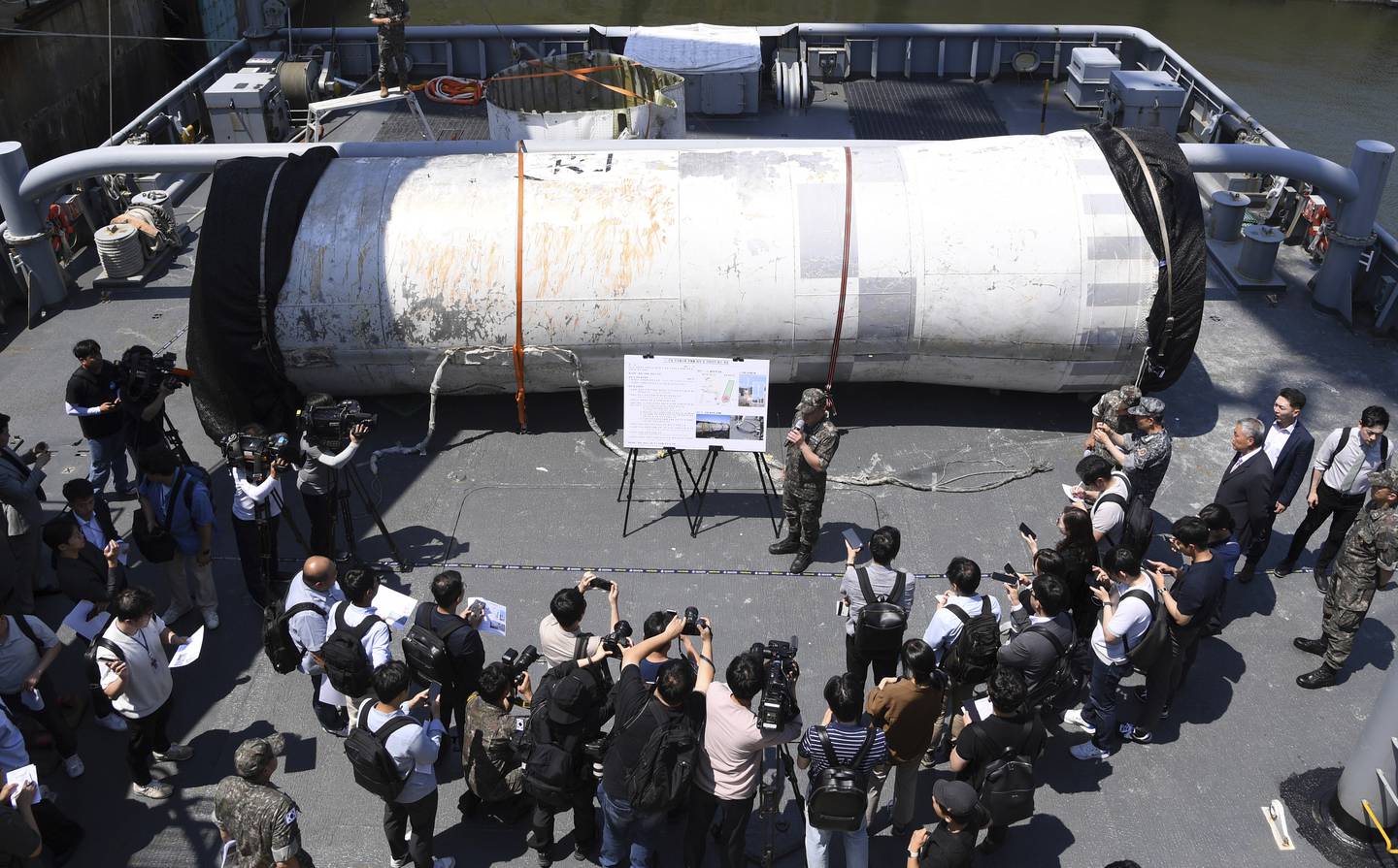Objects salvaged by South Korea's military that are presumed to be parts of the North Korean space-launch vehicle that crashed into sea following a launch failure, are displayed at the Navy's 2nd Fleet Command in Pyeongtaek, South Korea, Friday, June 16, 2023.