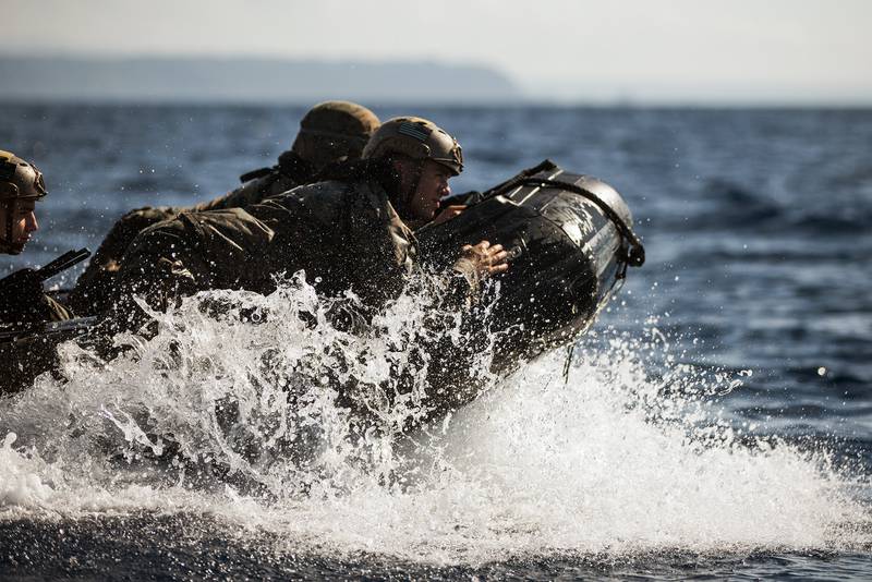 Marines conduct combat rubber raiding craft training on Camp Schwab, Okinawa, Japan, July 16, 2019.