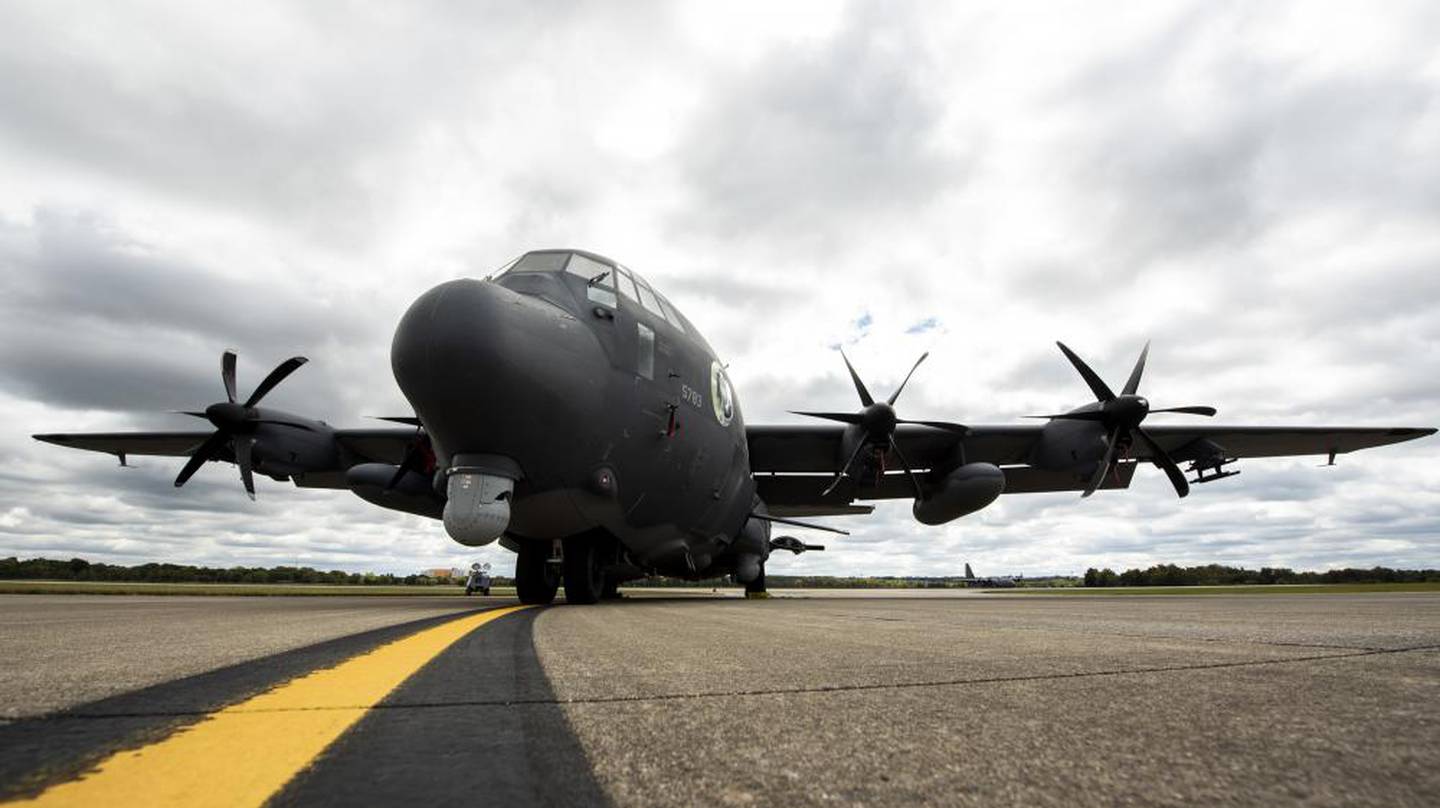 A U.S. Air Force AC-130J Ghostrider gunship aircraft assigned to the 1st Special Operations Wing in Hurlburt Field, Florida, is parked after temporarily relocating to Wright-Patterson Air Force Base, Ohio, during Hurricane Ian, Sept. 28, 2022. (Hannah Carranza/Air Force)
