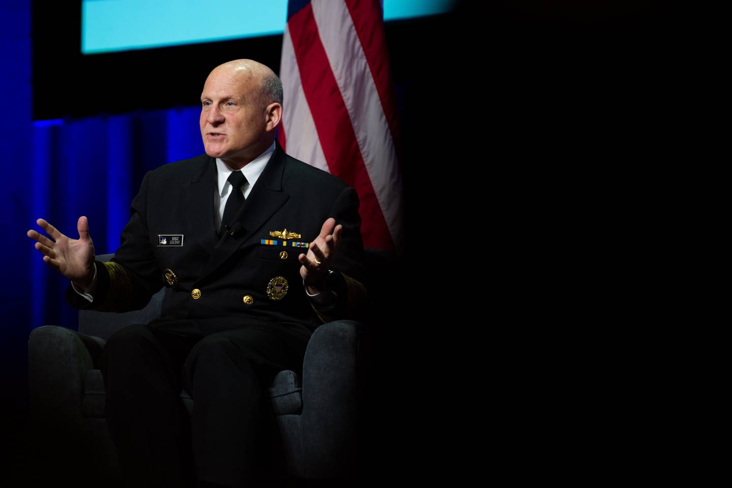 Chief of Naval Operations Adm. Mike Gilday speaks at the Sea-Air-Space conference in National Harbor, Maryland, on April 3, 2023.