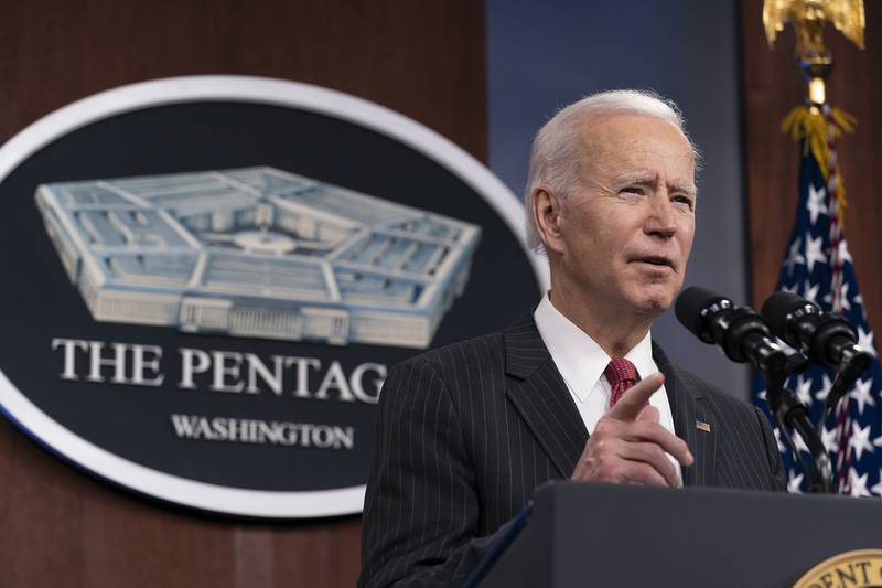 President Joe Biden speaks at the Pentagon, Wednesday, Feb. 10, 2021, in Washington.