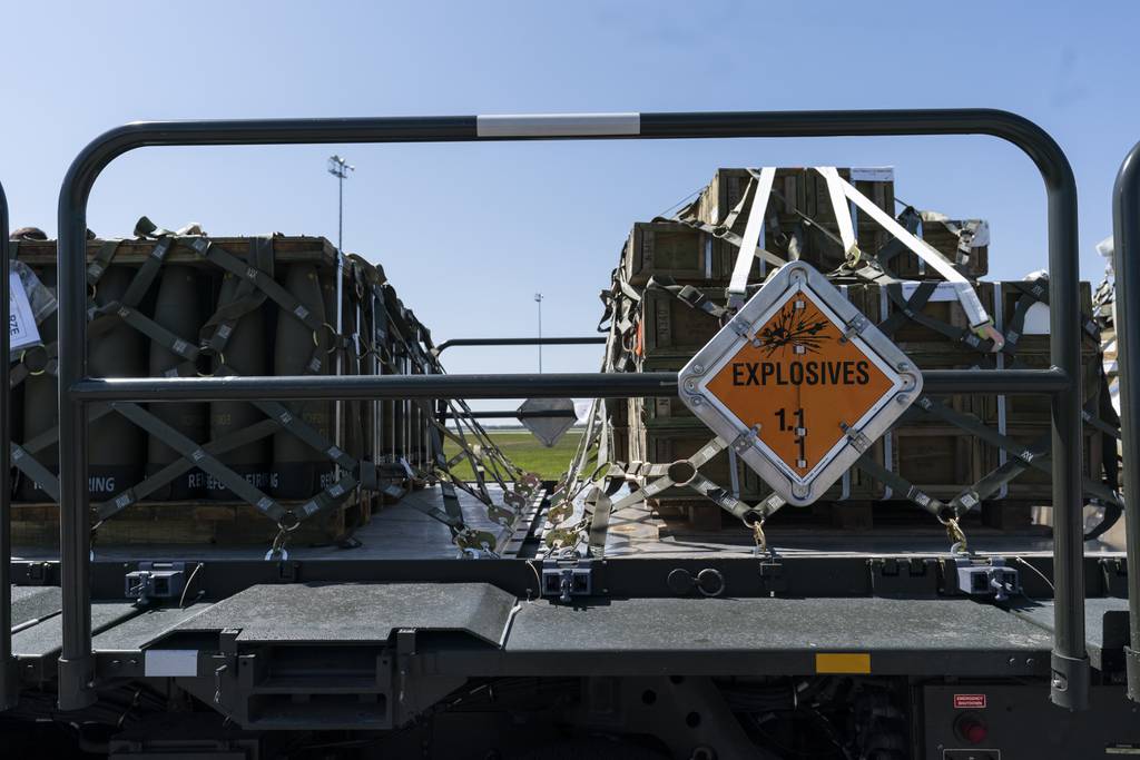 Pallets of 155 mm shells and fuses are loaded, ultimately bound for Ukraine, April 29, 2022, at Dover Air Force Base, Del