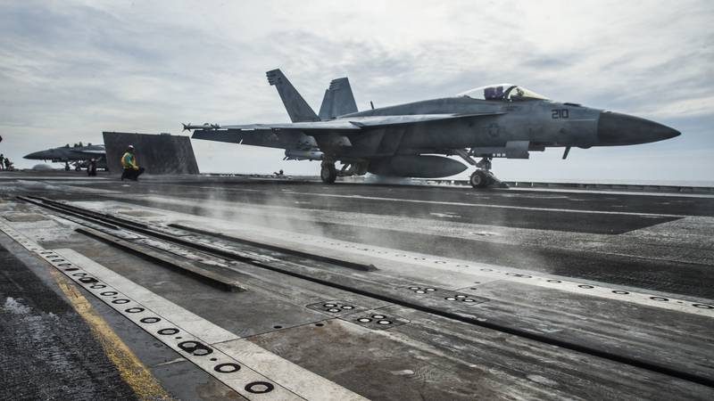 An F/A-18E launches off the flight deck of the aircraft carrier USS Ronald Reagan (CVN 76) on Oct. 15, 2020, while conducting security and stability operations in the South China Sea.