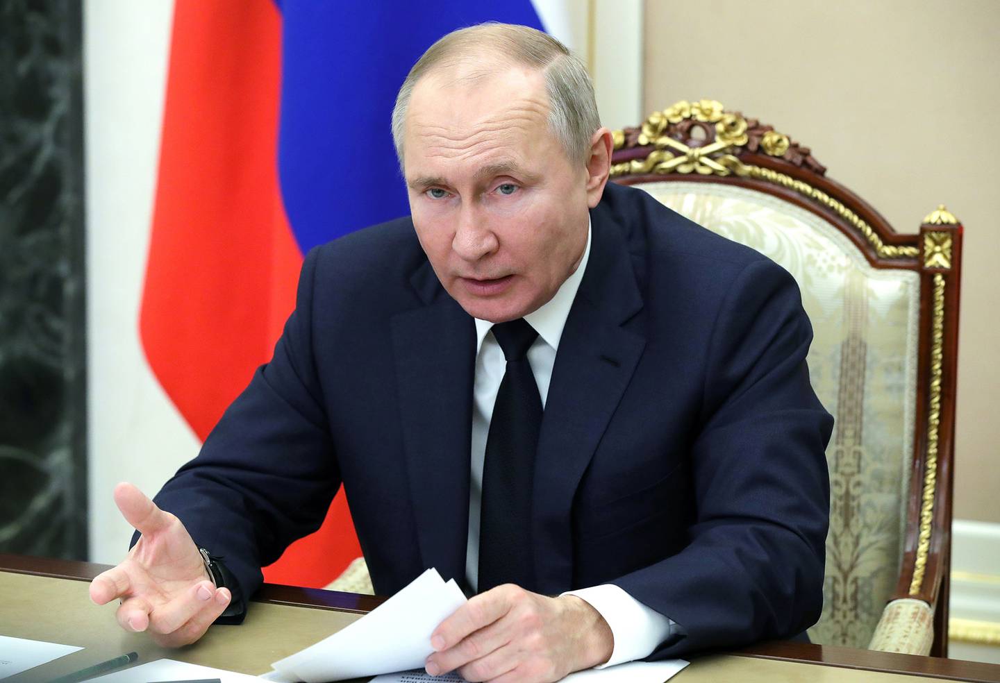 Russian President Vladimir Putin leads a meeting via video conference in Moscow on Feb. 1, 2021.