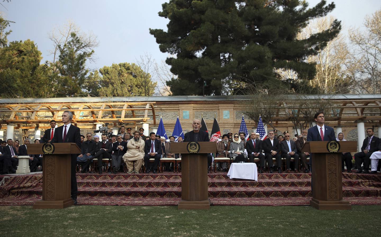Afghan President Ashraf Ghani, U.S. Secretary of Defense Mark Esper, NATO Secretary General Jens Stoltenberg