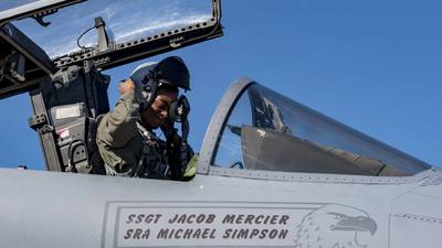 U.S. Air Force 1st Lt. Joseph Asenuga, an F-15C student pilot with the 173rd Fighter Wing, runs through the pre-flight checklist prior to today’s training flight at Kingsley Field in Klamath Falls, Oregon, October 15, 2020. The 173rd FW is the sole F-15C training base for the United States Air Force, training both active duty Air Force and Air National Guard pilots. (Tech. Sgt. Jason van Mourik/Air National Guard)