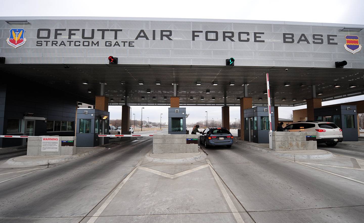 Shown is the StratCom Gate at Offutt Air Force Base in Nebraska. These are the kinds of entrances researchers will study hardening against electric vehicles.
